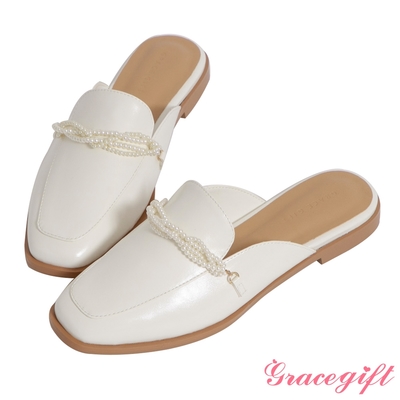 Grace gift-珍珠飾鍊低跟穆勒鞋 白