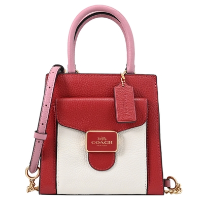 COACH MINI PEPPER 金屬LOGO撞色迷你兩用紙袋包(深紅/白)