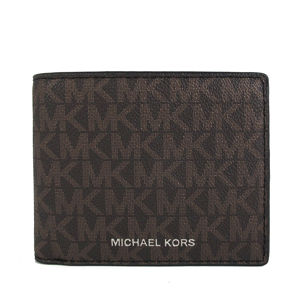 MICHAEL KORS Cooper 燙銀Logo防刮滿版MK雙鈔票層含零錢袋對開式短夾(咖黑色)