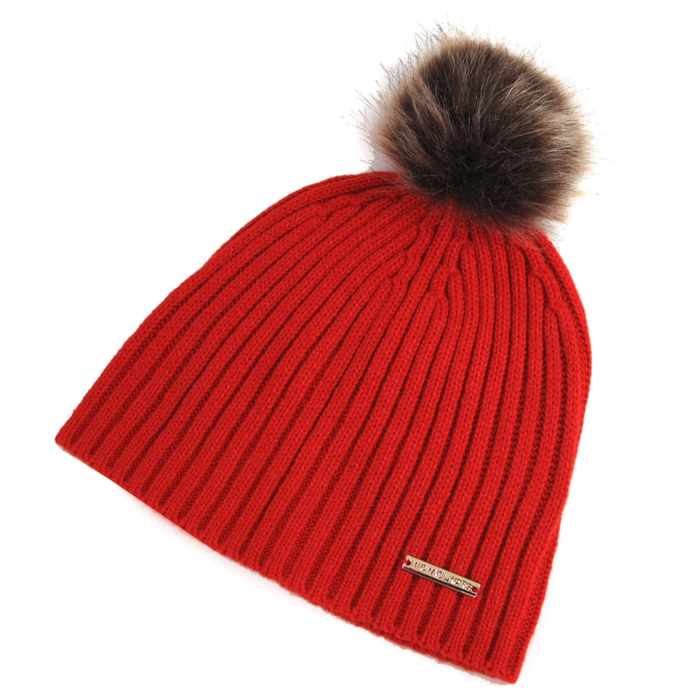 MICHAEL KORS 金屬飾牌LOGO織紋毛毛球帽(橙紅色)
