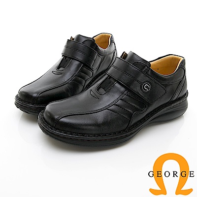 【GEORGE 喬治皮鞋】休閒系列 魔鬼氈柔軟工作皮鞋-黑色