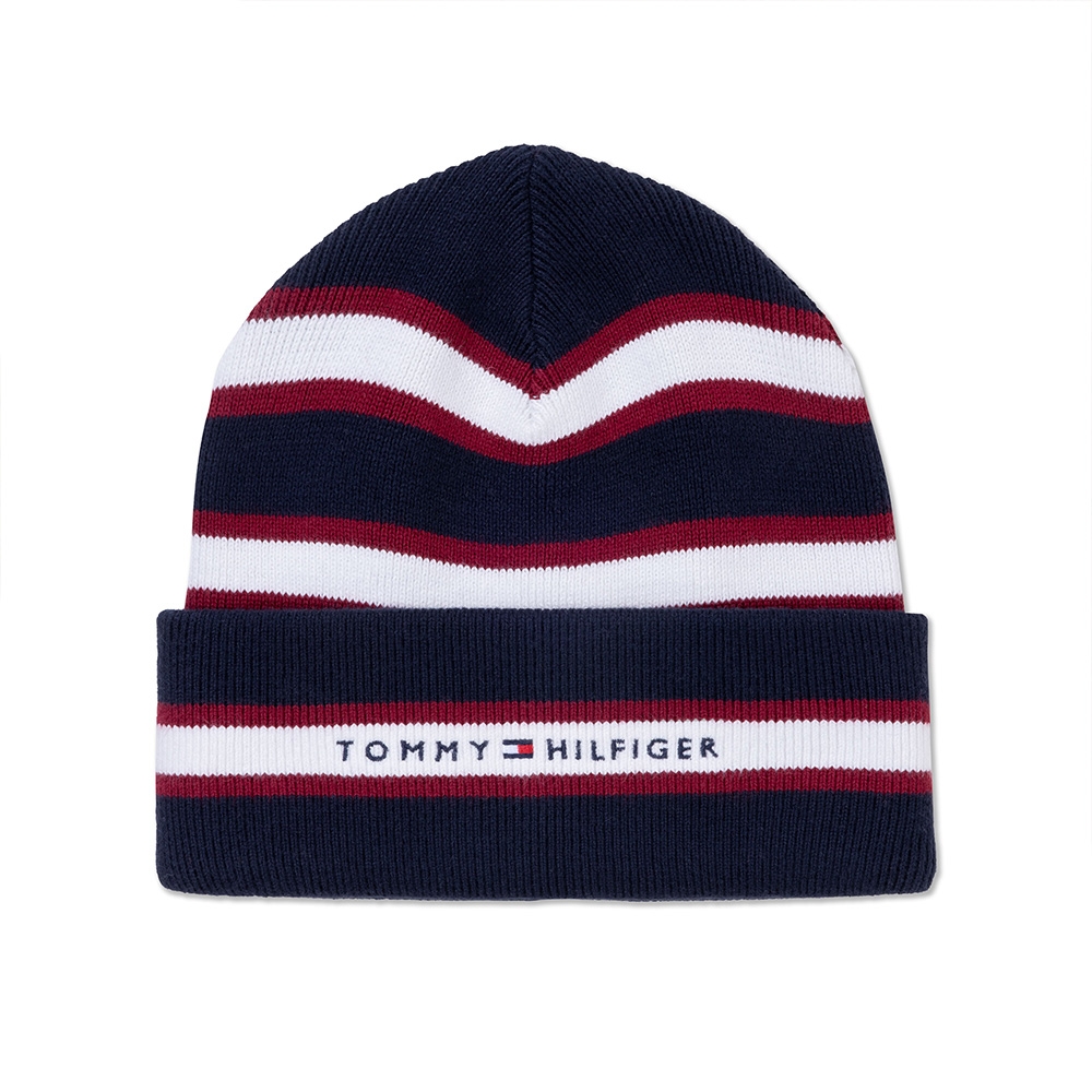 TOMMY 熱銷刺繡文字Logo純棉毛帽-酒紅深藍白橫條紋色