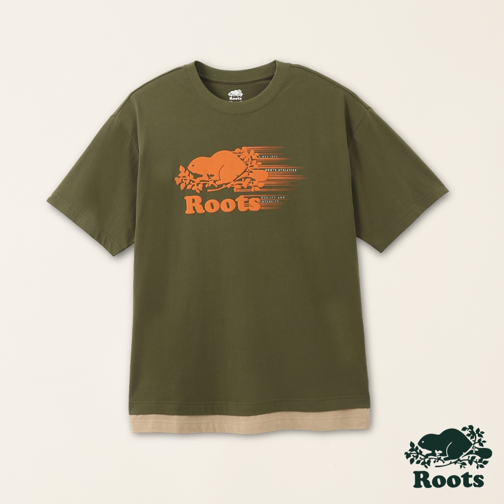 Roots男女共款-舒適生活系列 海狸LOGO假兩件式有機棉短袖T恤-綠色