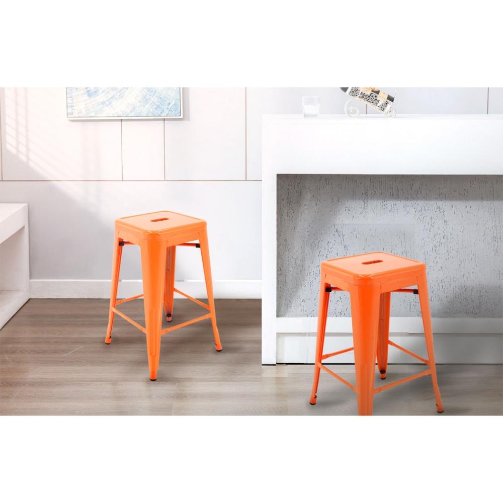 E-home Vali瓦力工業風可堆疊金屬吧檯椅-高61cm 橘色