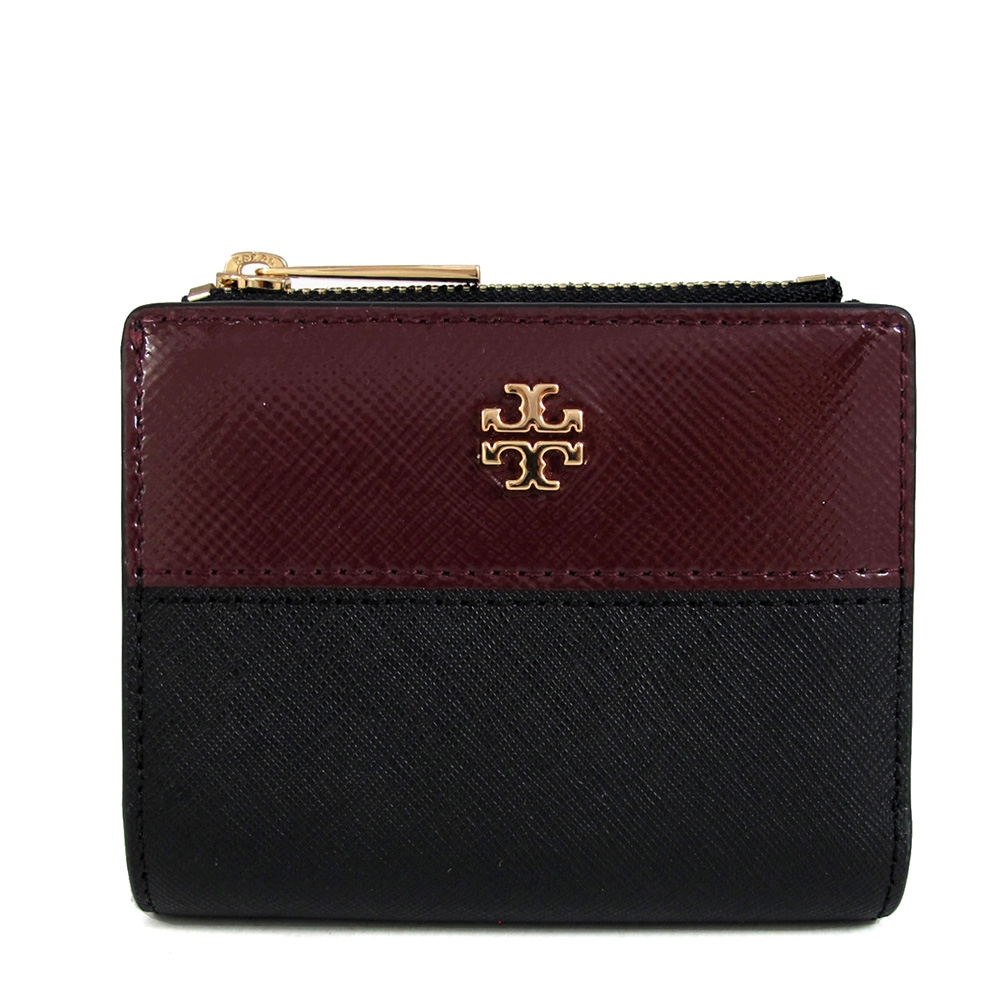 TORY BURCH Emerson 立體金屬雙T LOGO防刮皮革三折壓扣式雙色短夾(酒紅x黑)