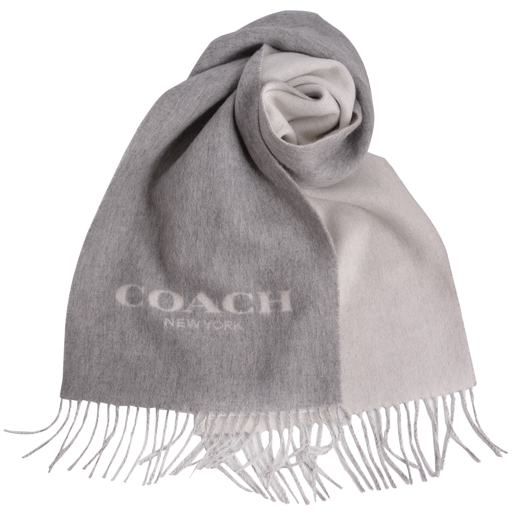 COACH 經典LOGO羊毛羊絨流蘇式圍巾-雅典灰