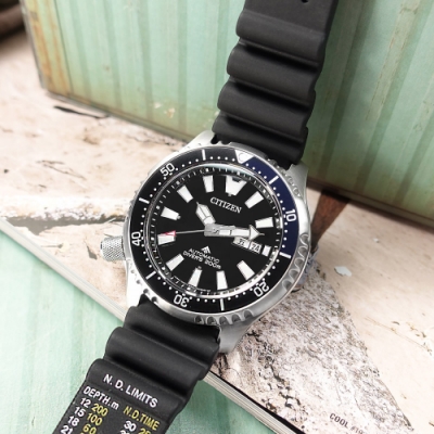 CITIZEN / PROMASTER 鋼鐵河豚 機械錶 潛水錶 防水 日期 橡膠手錶-黑藍色/44mm