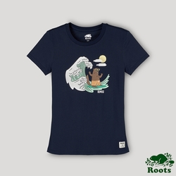 Roots 女裝- 海洋友善系列 衝浪海狸短袖T恤-藍色