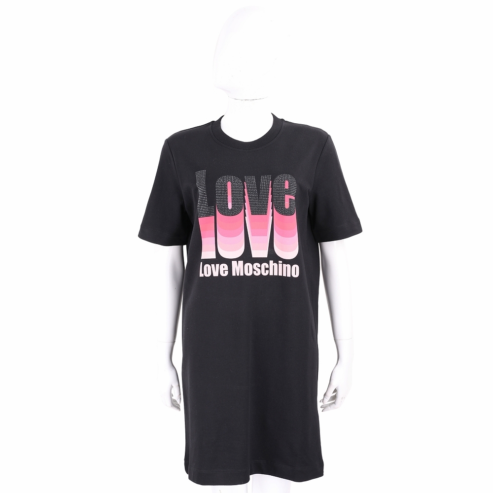 LOVE MOSCHINO 鑽飾漸層字母黑色短袖長板TEE 洋裝