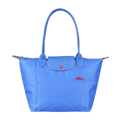 LONGCHAMP COLLECTION刺繡LOGO尼龍摺疊長把拉鍊肩背包(小/藍紫x紅)