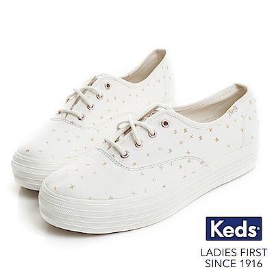 Keds TRIPLE 燙金圖騰厚底綁帶休閒鞋-奶油白