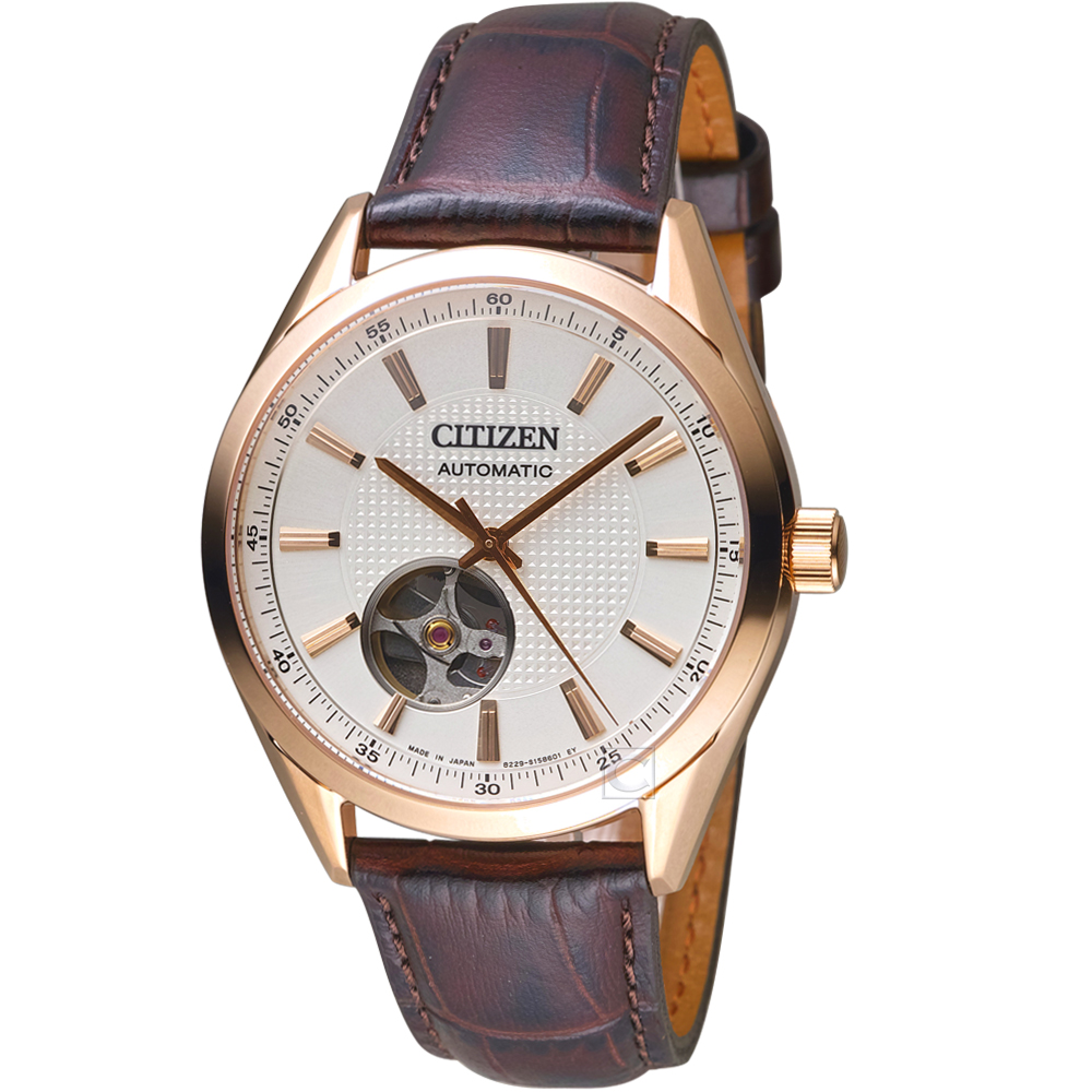 CITIZEN 星辰紳士時尚開芯機械腕錶(NH9110-14A)-玫瑰金x棕皮