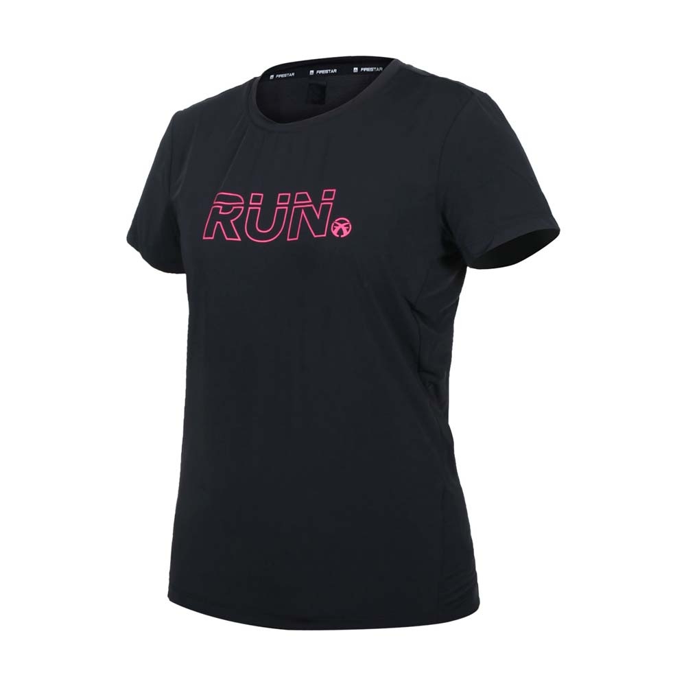 FIRESTAR 女彈性印花圓領短袖T恤-運動 慢跑 路跑 涼感 上衣 DL163-10 黑