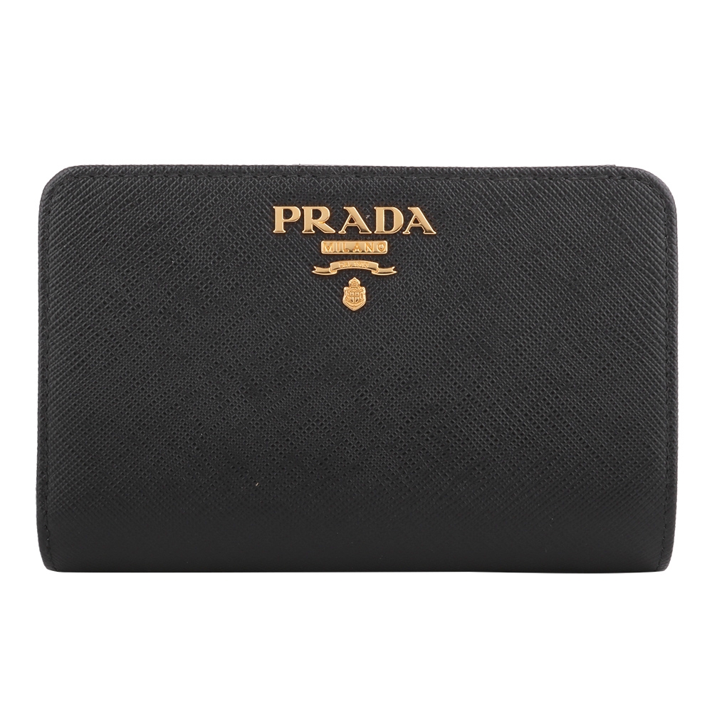 PRADA Saffiano 金logo防刮皮革後釦式拉鍊中夾(黑)