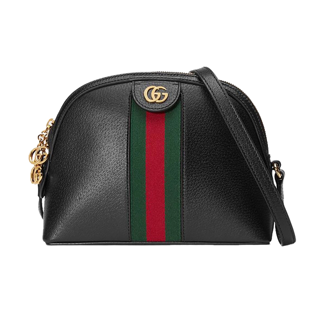 【GUCCI 古馳】719881 經典Ophidia系列綠紅綠織帶牛皮貝殼包 肩背/斜背包(黑色)