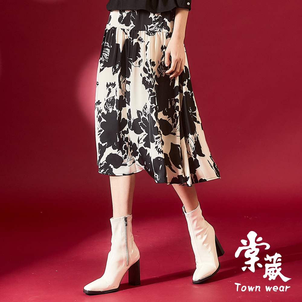 【TOWNWEAR棠葳】氣質滿版樹葉印花中長裙(女下身/女下著/裙子/內裏/拉鍊)