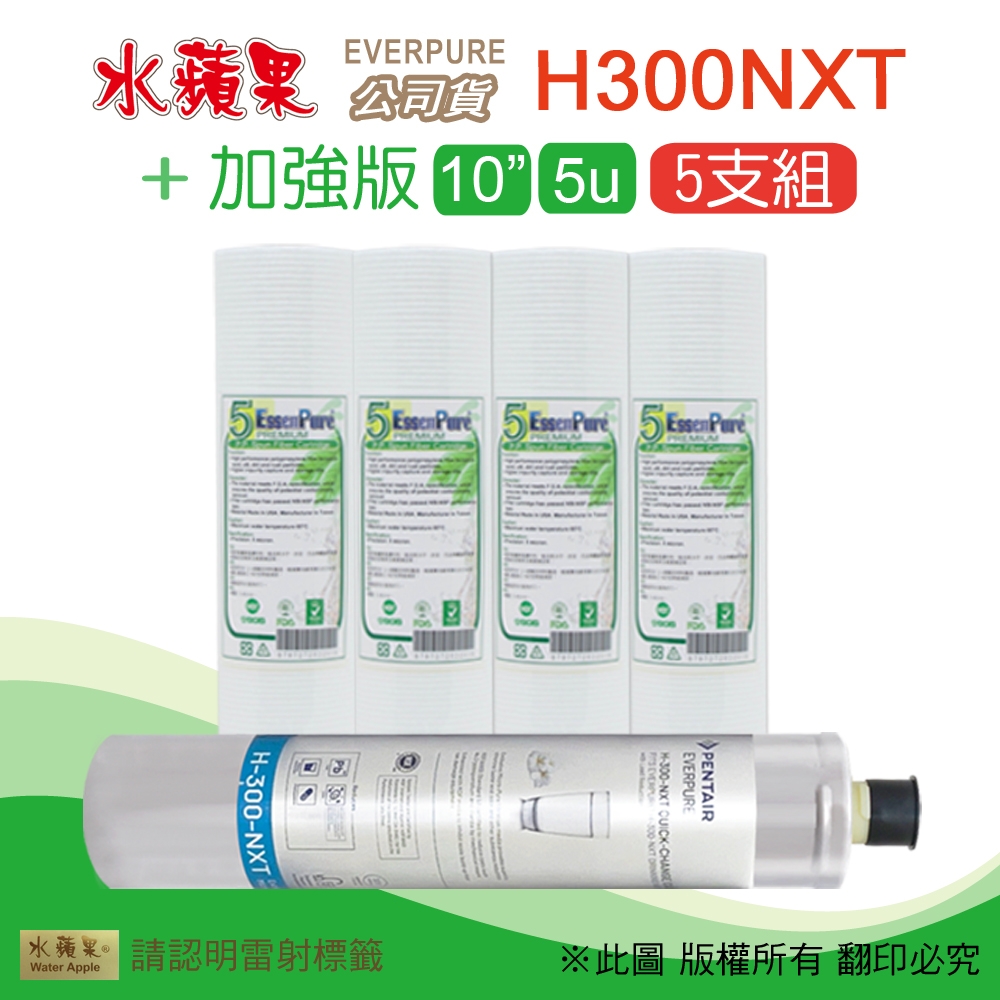 【水蘋果】Everpure H300NXT 公司貨濾心+加強版10英吋5微米PP濾心(5支組)