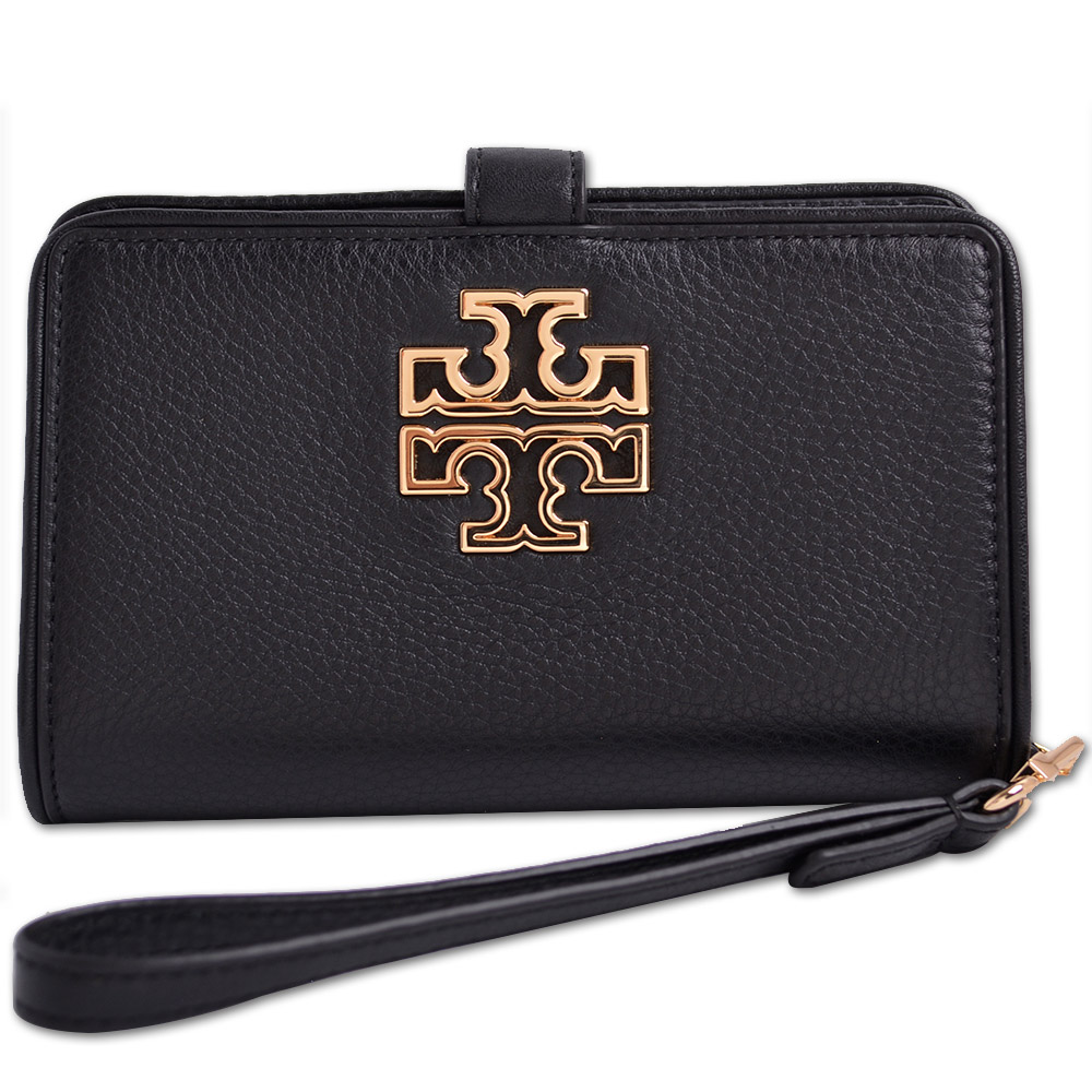 TORY BURCH BRITTEN 經典鏤空大LOGO全皮革對折釦式手拿手機包/中夾-黑