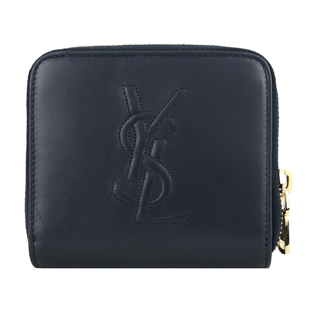 YSL Saint Laurent Belle de Jour系列經典 LOGO 皮革壓紋皮扣短夾(深藍)