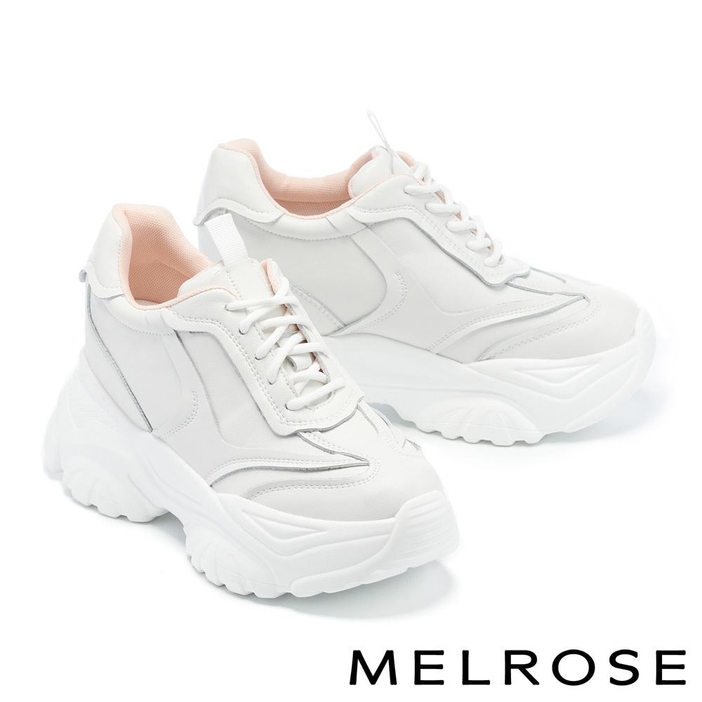 休閒鞋 MELROSE 率性運動風綁帶牛皮老爹厚底休閒鞋－白