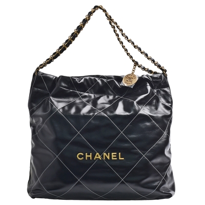 CHANEL 經典22系列品牌LOGO白色菱格紋縫線小牛皮銀鍊肩背包(大-黑色)