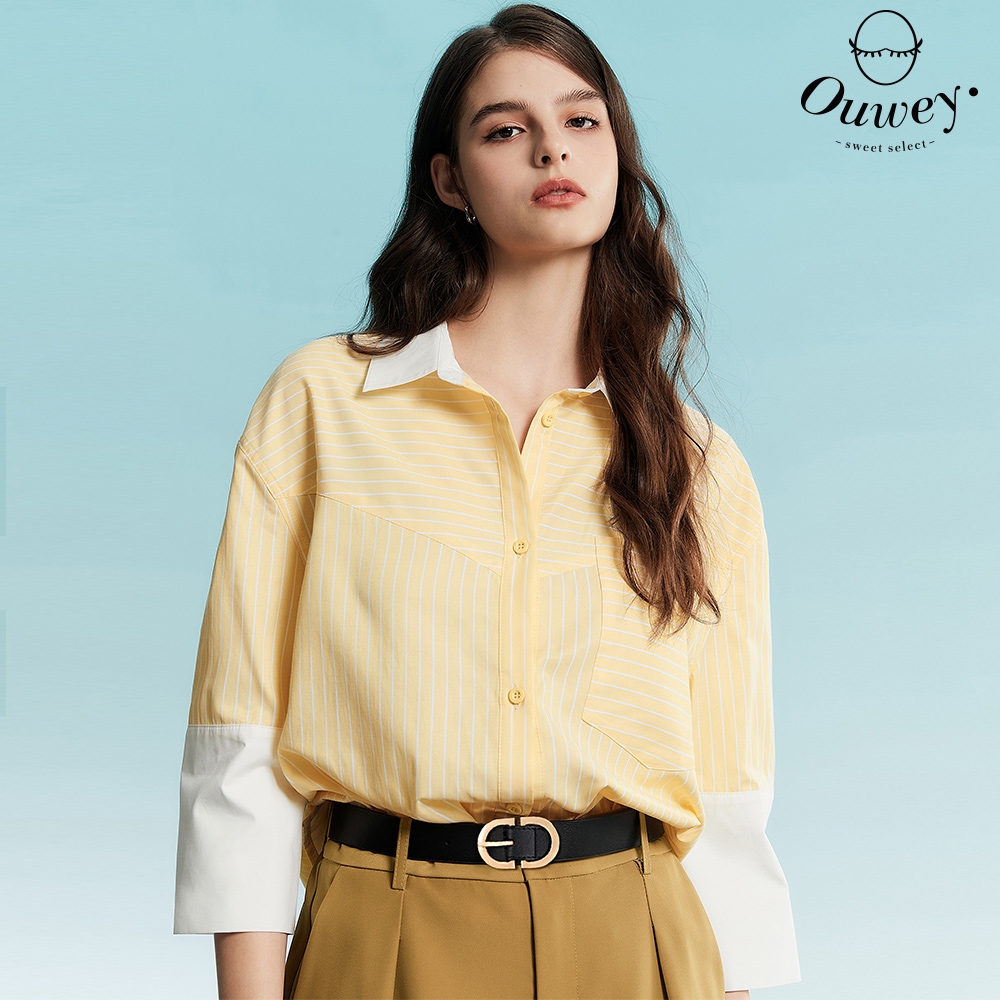 OUWEY歐薇 條紋造型拼接反摺袖短版落肩上衣(黃色；S-L)3232321531