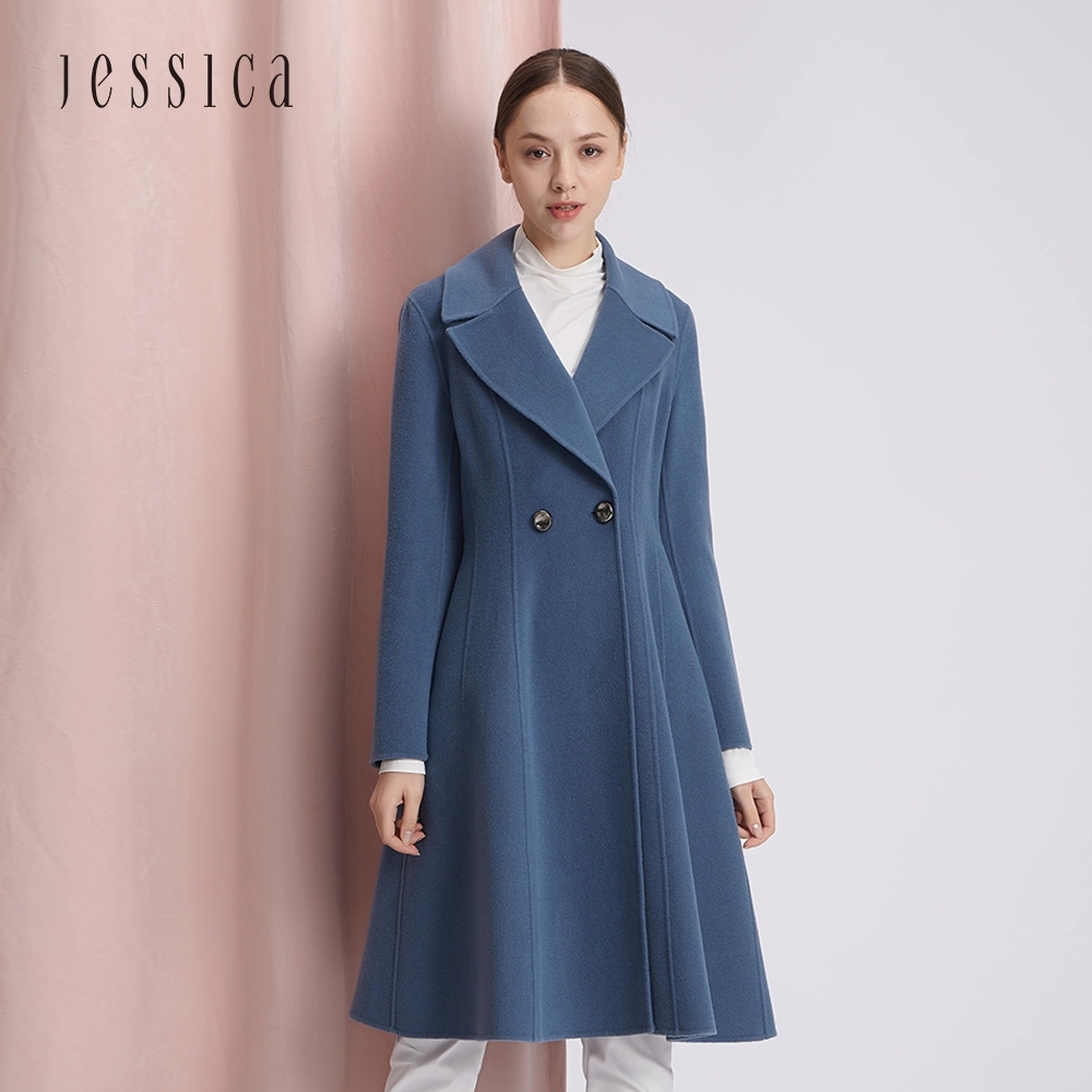 JESSICA - 簡約羊毛混紡翻領收腰大衣外套（藍色）