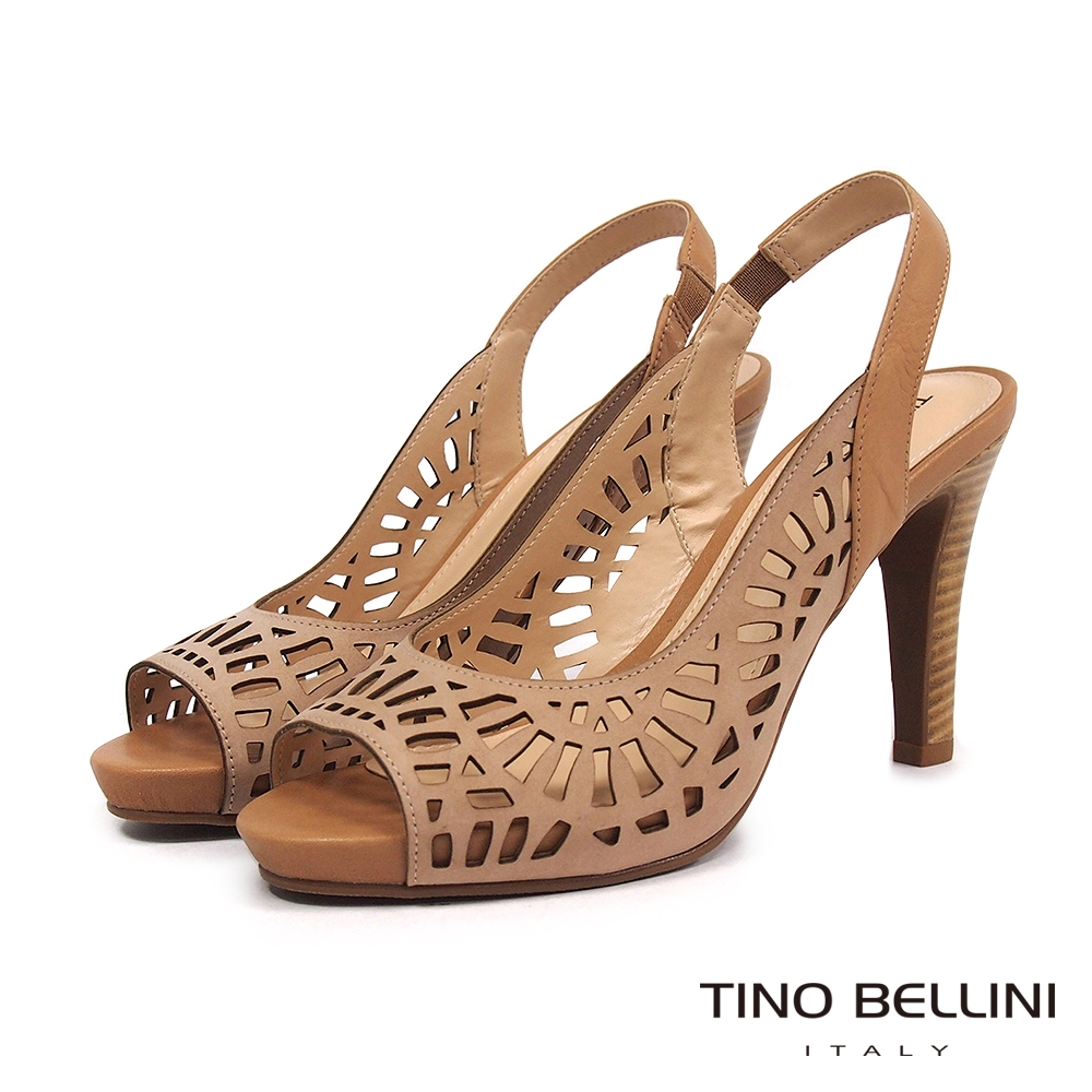 Tino Bellini 巴西進口優雅精緻鏤空魚口牛皮跟鞋-淺棕