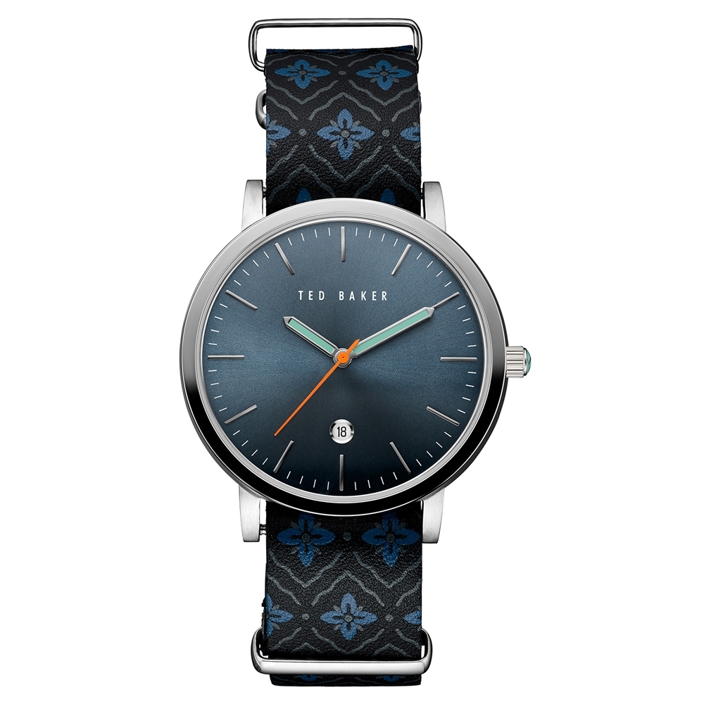 Ted Baker 英倫風 簡約時尚 日期 真皮手錶-藍x銀x黑 TE10030767 40mm