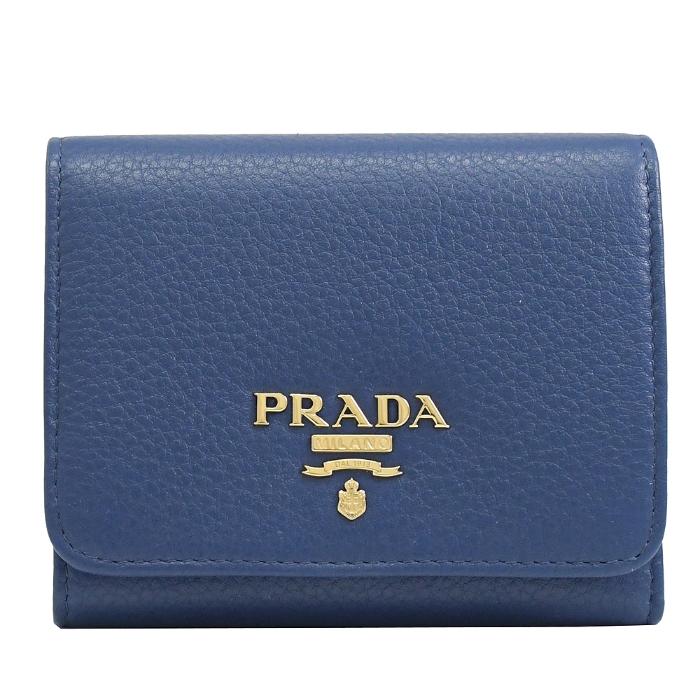 PRADA 金屬LOGO荔枝牛皮三折短夾(藍)