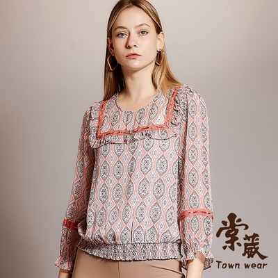 【TOWNWEAR棠葳】滿版圖騰印花蕾絲拼接上衣(中大尺碼/女上衣/女上著/鑽飾/滿版)