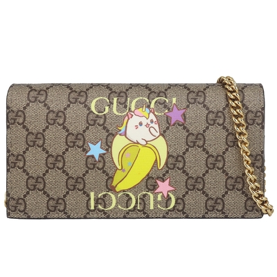 GUCCI Bananya 防水布咖啡色皮革金鍊長夾/斜背包