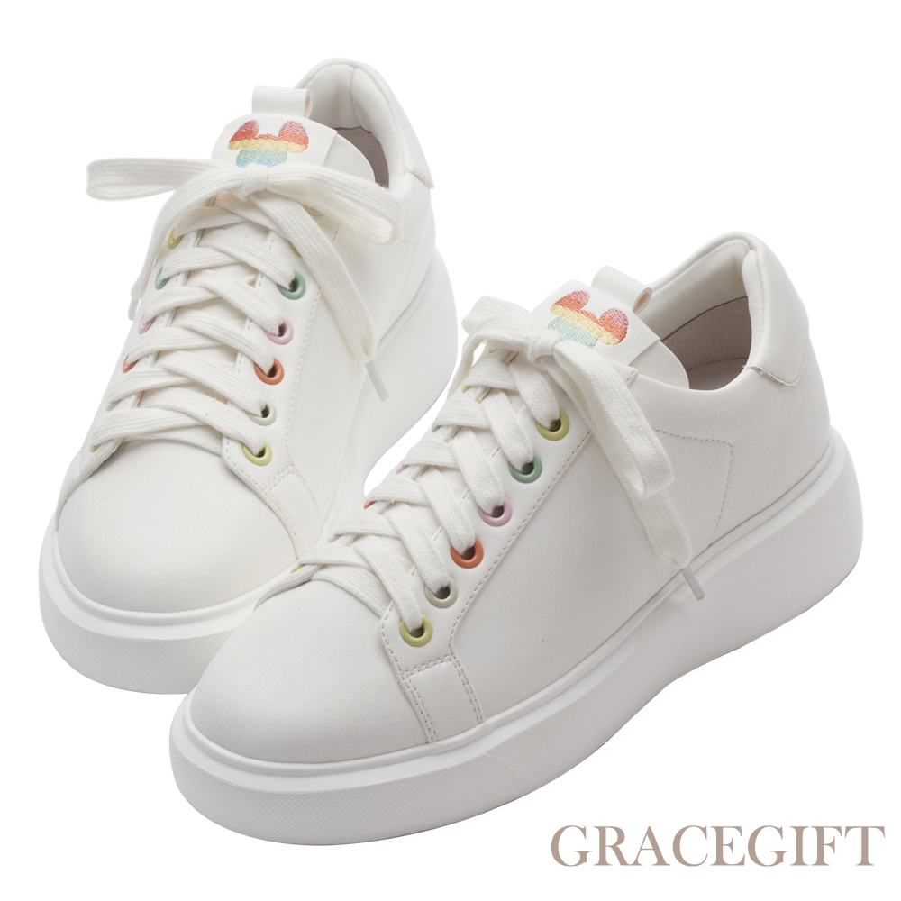 【Grace Gift】迪士尼米奇款彩虹剪影內增高小白鞋 白