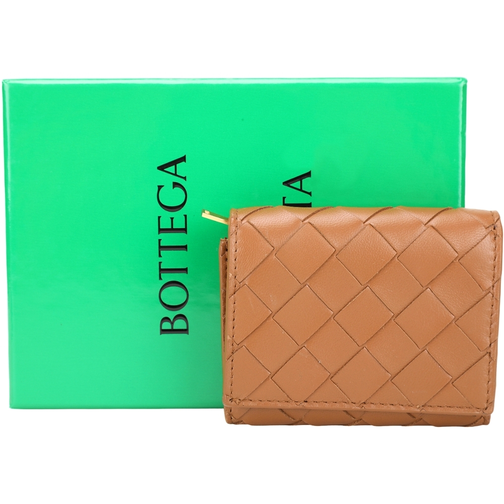 BOTTEGA VENETA Intrecciato 小羊皮編織三折短夾(棕色)