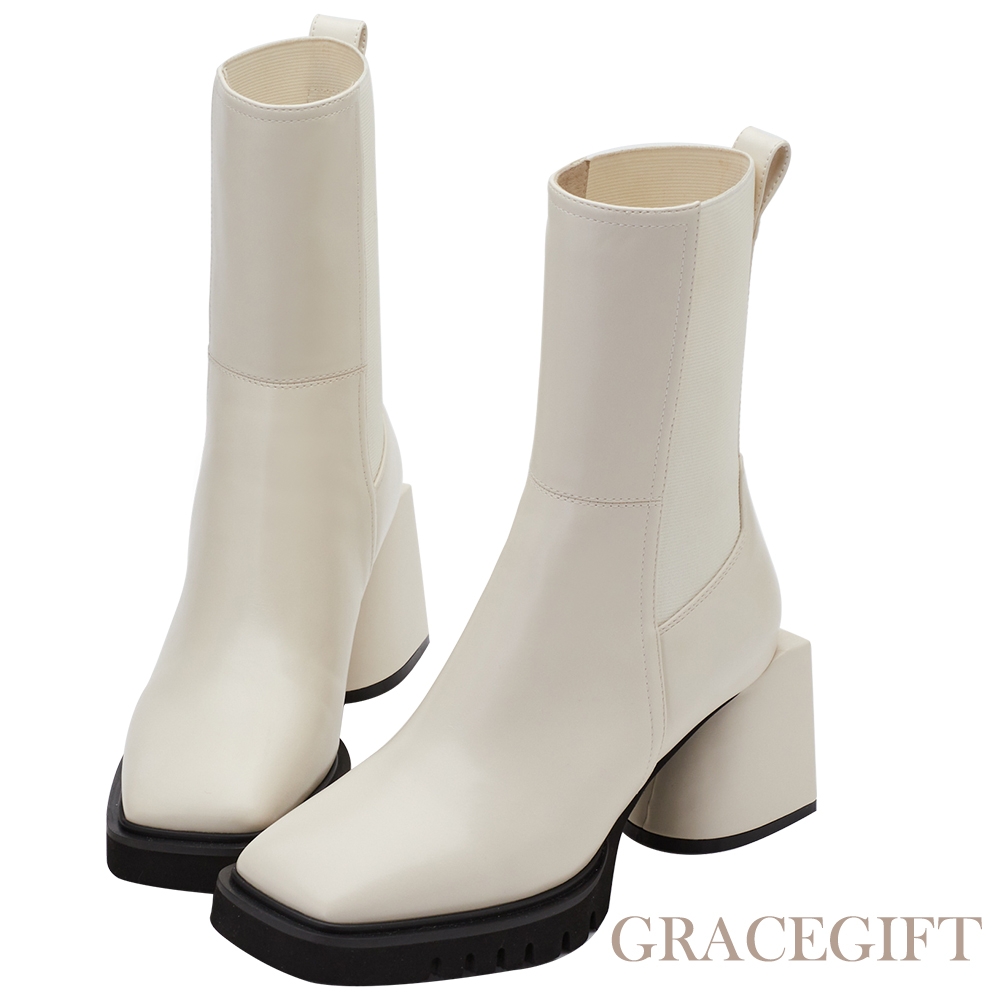 【Grace Gift】唐葳訂製-耍美高手切爾西高跟襪靴 米白