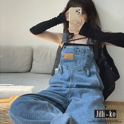 JILLI-KO 鹽系皮牌貼布寬鬆闊腿直筒牛仔吊帶褲- 藍色