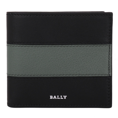 BALLY 烙印銀字灰綠槓條荔枝紋皮革8卡短夾(黑)