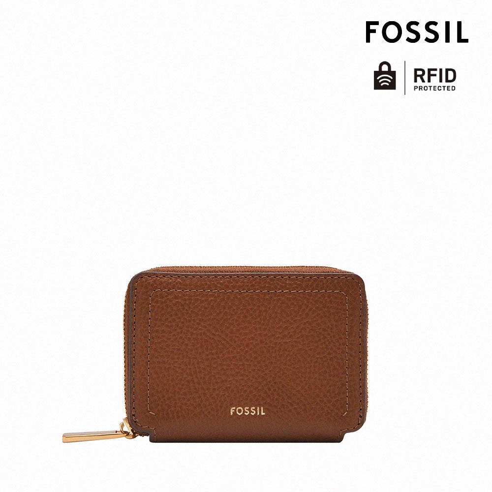 FOSSIL Logan 真皮拉鍊RFID防盜卡夾-咖啡色 SL10045200