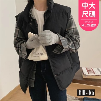 JILLI-KO 羽絨棉短款寬鬆復古立領背心中大碼- 黑/深卡