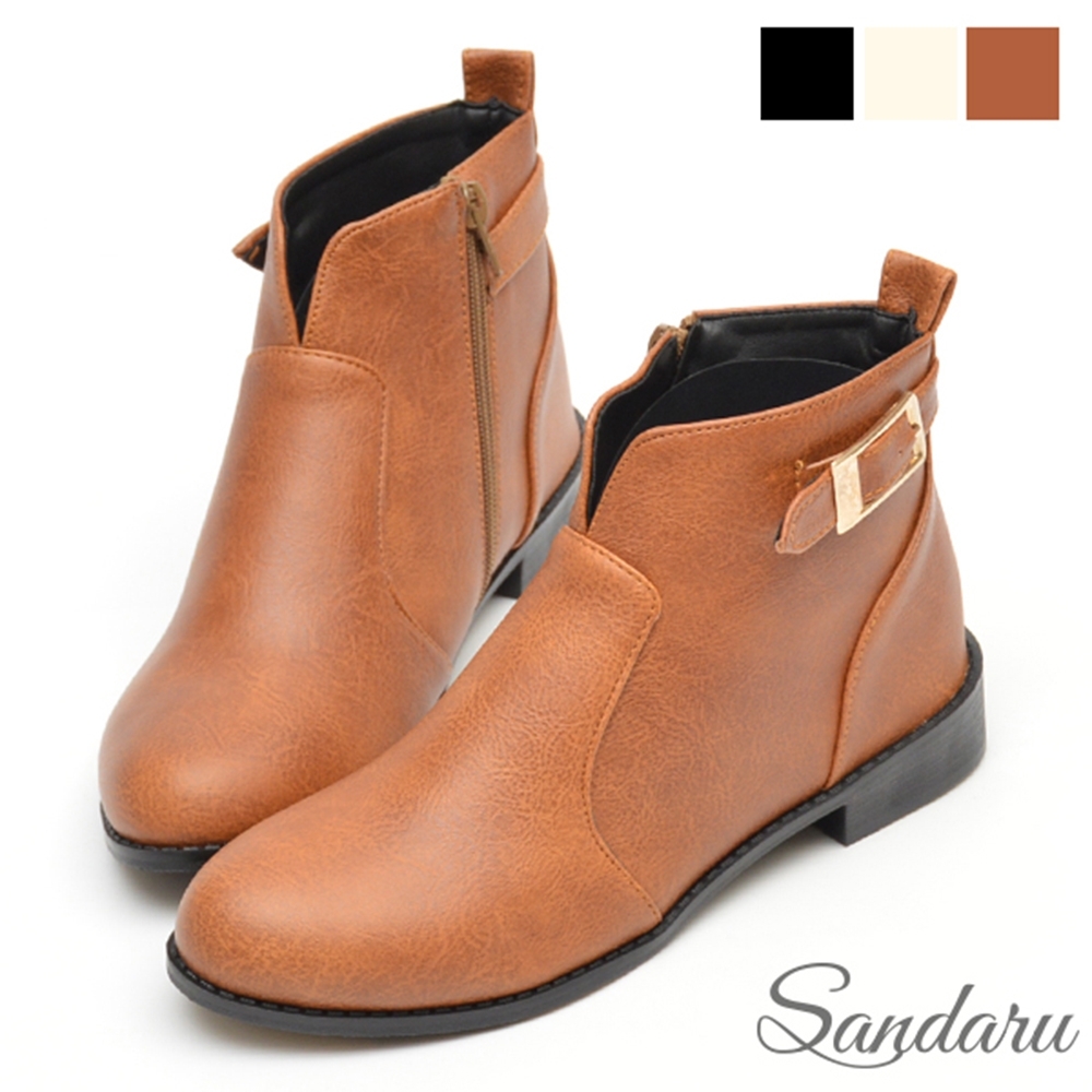 山打努SANDARU-短靴 V字側拉鍊皮革低跟靴-棕