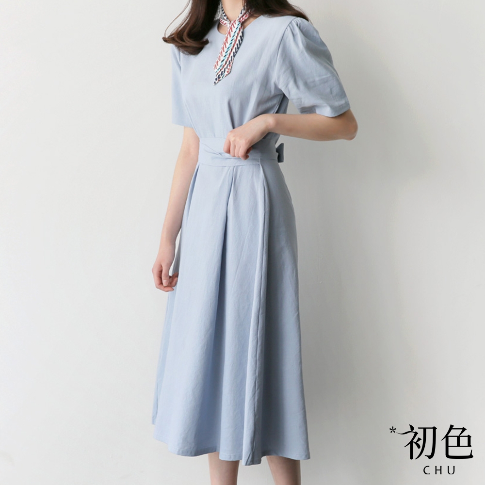 初色 圓領素色收腰短袖中長裙洋裝-共3色-68693(M-XL可選)