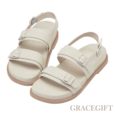 【Grace Gift】逸歡聯名-仲夏愜意雙帶休閒涼鞋 米色