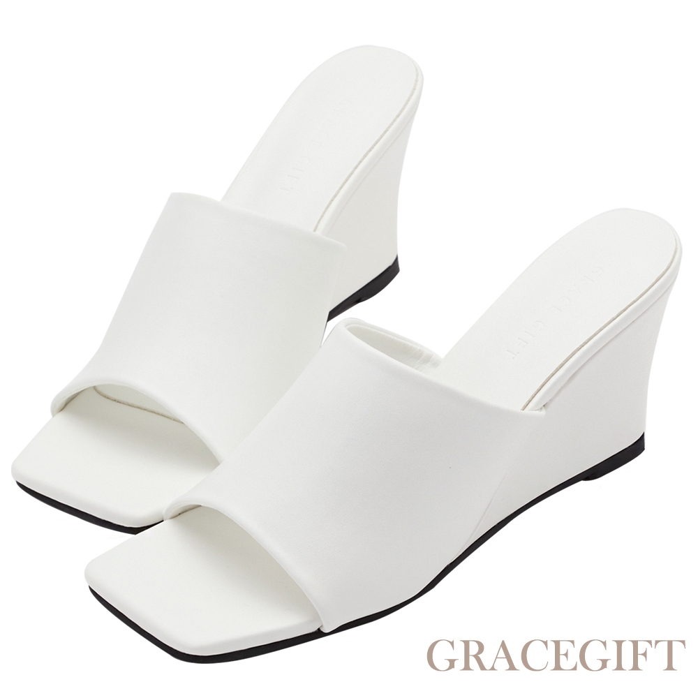 【Grace Gift】氣質方頭厚底楔型拖鞋 白