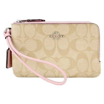 COACH 經典馬車PVC雙拉鍊手拿包(卡其康乃馨粉)