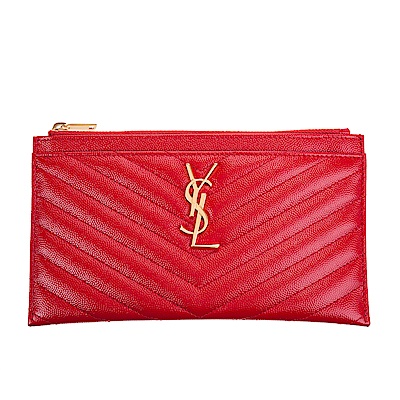 YSL 經典MONOGRAM系列V字縫線魚子醬牛皮金色LOGO拉鍊手拿包 (紅色)