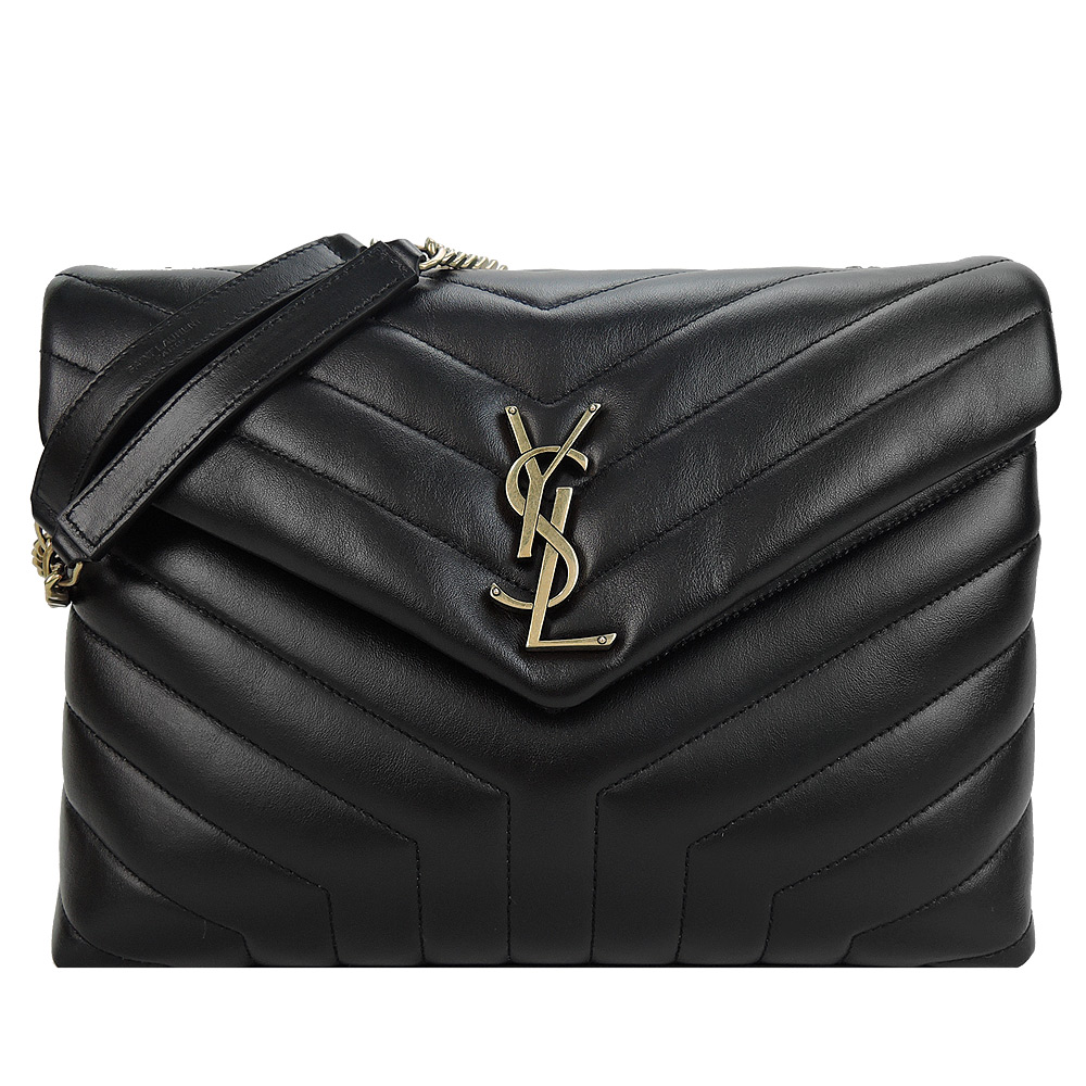 YSL Saint Laurent金LOGO小牛皮縫線翻蓋肩背/斜背包(中/黑)