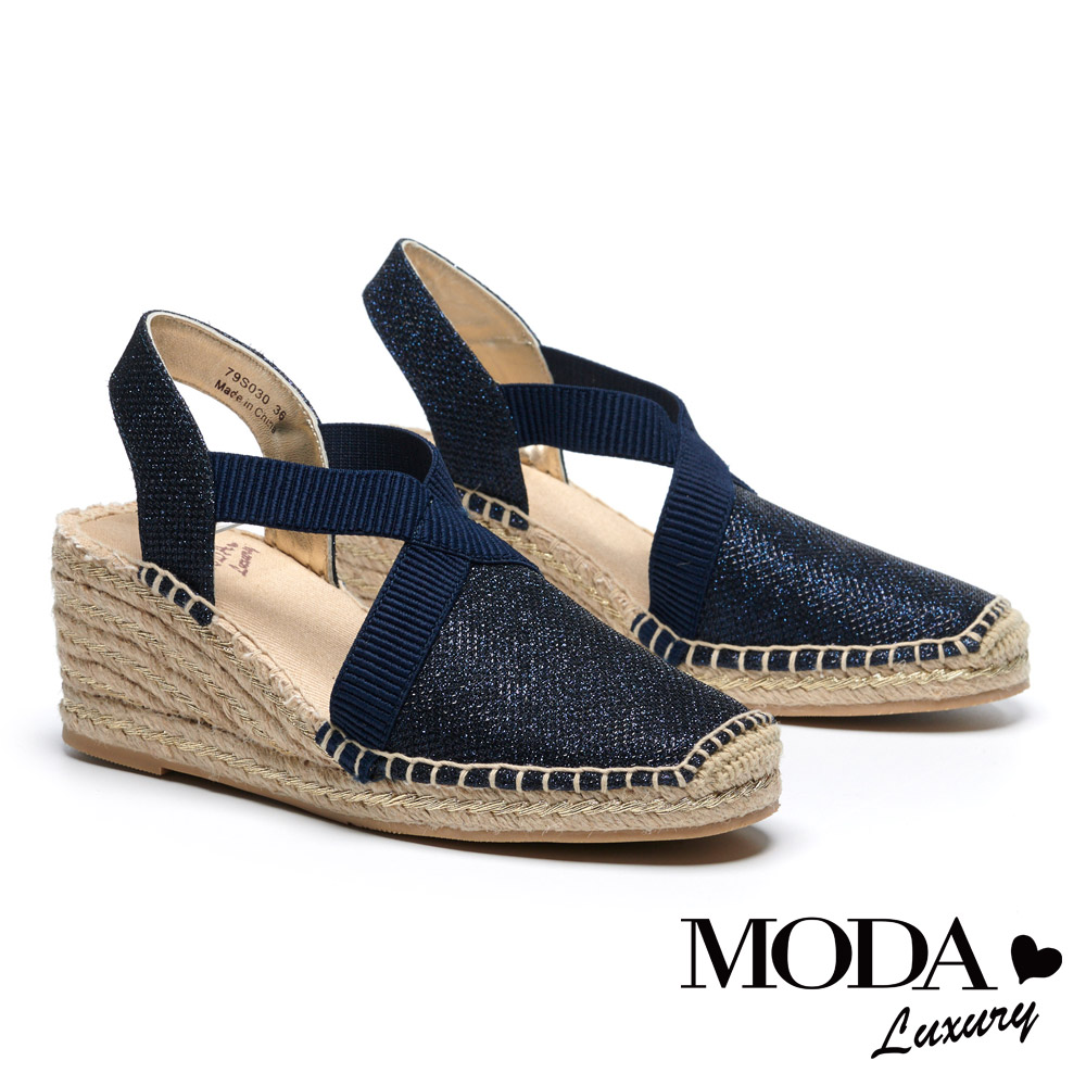 涼鞋 MODA Luxury 閃亮渡假風交叉帶草編厚底楔型涼鞋－藍