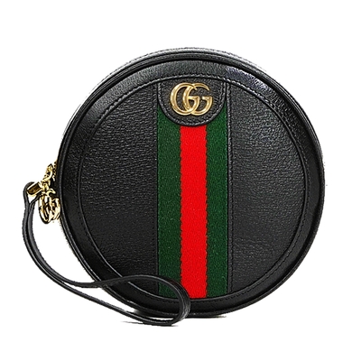 【GUCCI 古馳】574841 經典Ophidia系列皮革雙G LOGO圓餅掛腕手拿包(黑色)