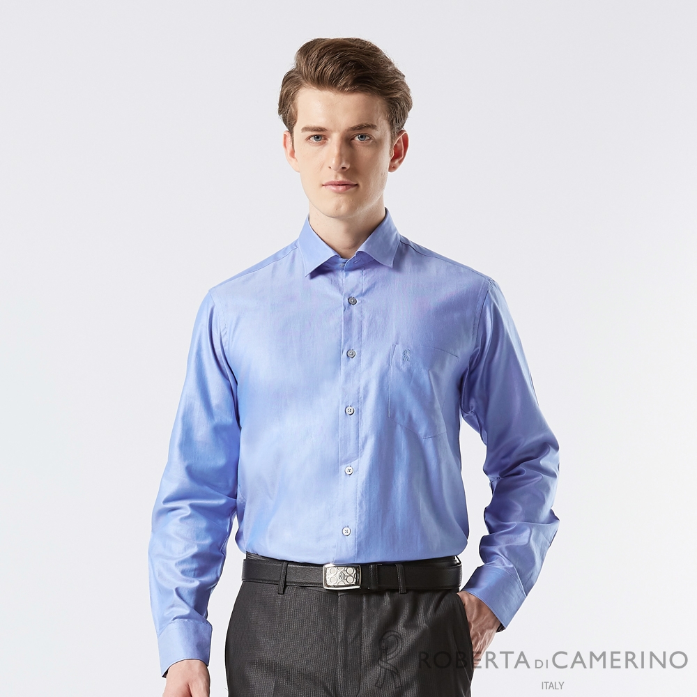 【ROBERTA 諾貝達】男裝 藍色長袖休閒襯衫-純棉合身版-奧地利素材 台灣製