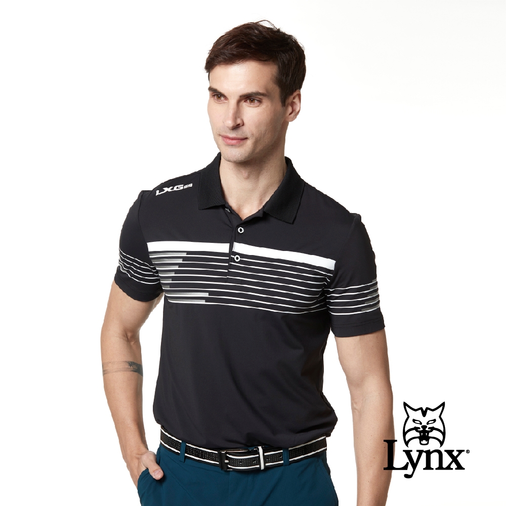 【Lynx Golf】Korea 男款條紋交錯設計短袖POLO衫-黑色
